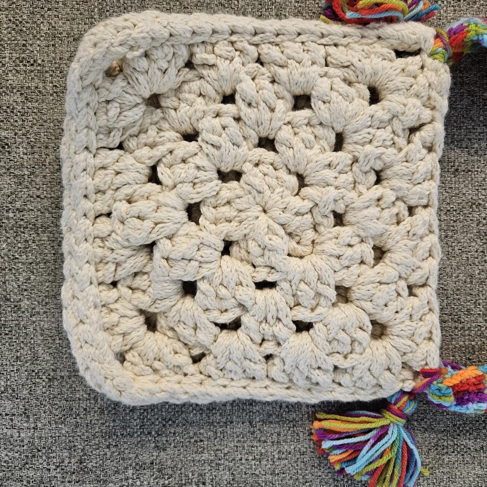 Festival Vintage Crochet Crossbody  Handbag Boho Off White Multicolor Strap - Picture 6 of 12